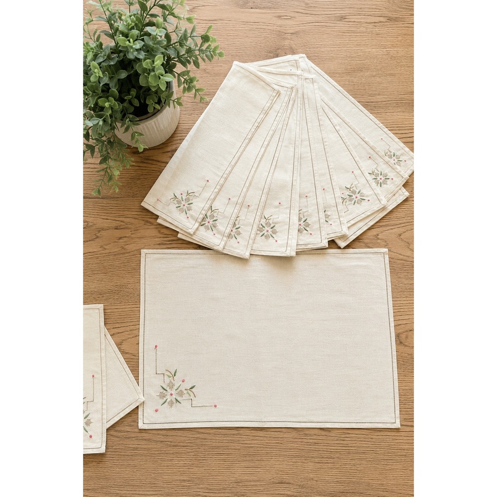 Vintage Embroidered Placemats Set 10 Linen Floral Hemstitch Table Linens Cottage